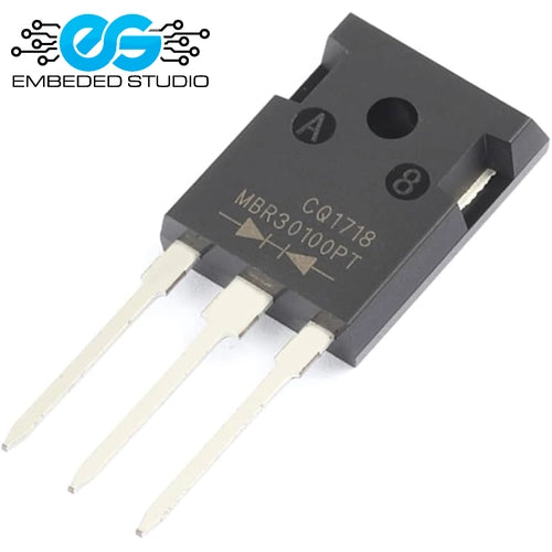 MBR30100PT Schottky barrier diode in a 3-pin TO-247 package, showing the part number, polarity diagram, and manufacturing text printed on the component body, with an Embeded Studio logo watermark in the top left corner.