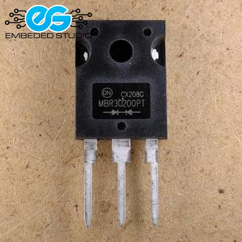 MBR30200PT Schottky barrier diode in a 3-pin TO-247 package, showing the part number, polarity diagram, and manufacturing text printed on the component body, with an Embeded Studio logo watermark in the top left corner.
