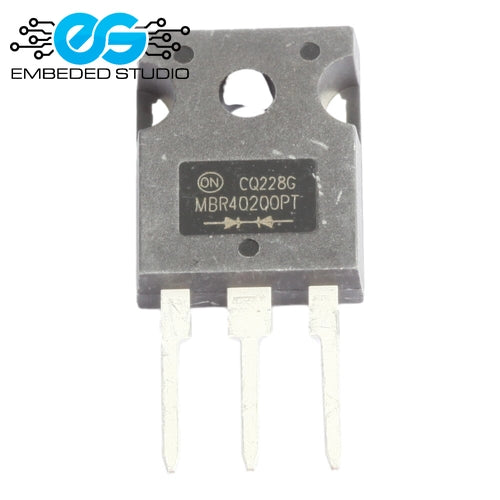 MBR40200PT Schottky barrier diode in a 3-pin TO-247 package, showing the part number and a center-tap polarity diagram printed on the component body, with an Embeded Studio logo watermark in the top left corner.