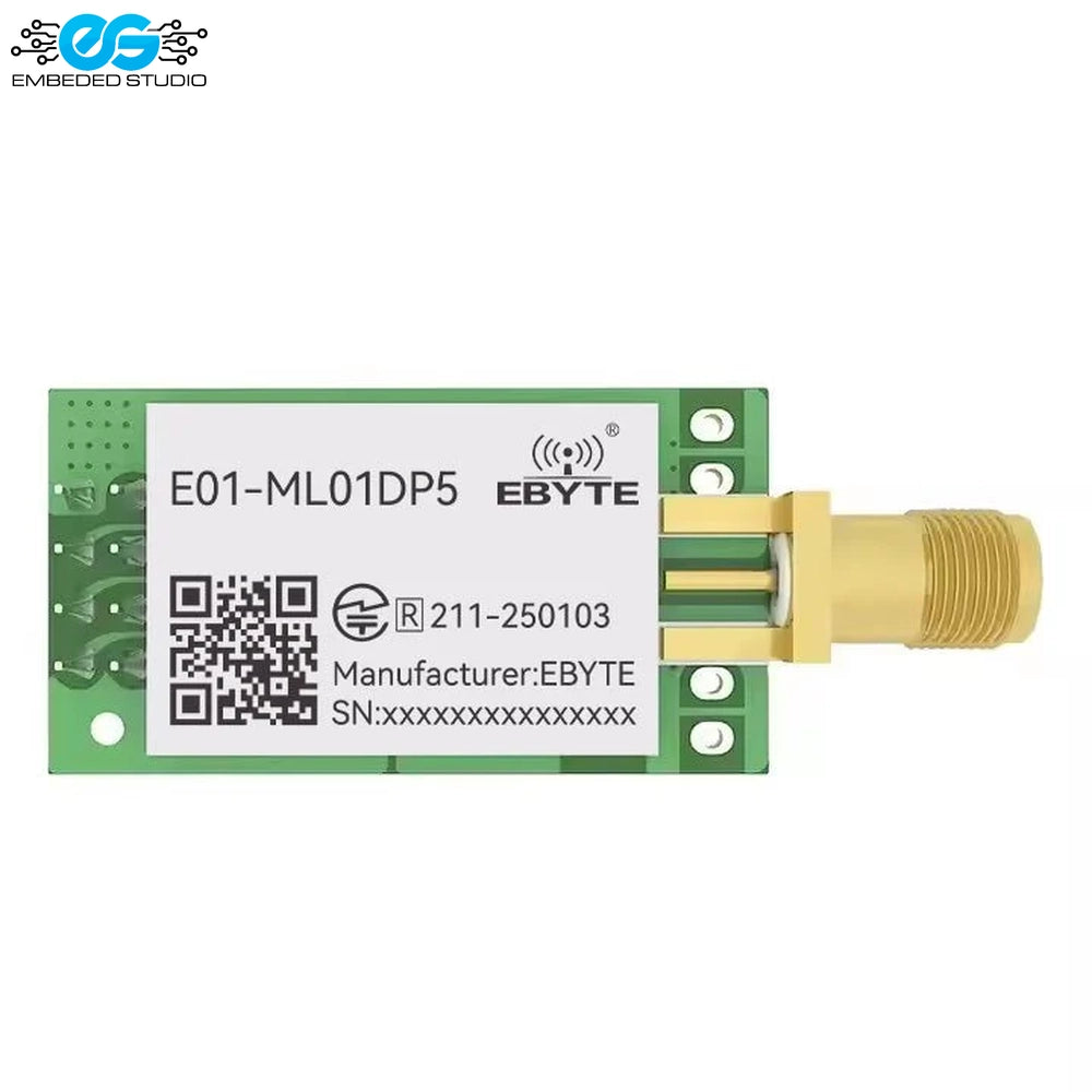Ebyte E01-ML01DP5 2.4GHz NRF24L01+ wireless transceiver module featuring a metal RF shield, SMA female antenna connector, PCB layout with pin header pads, and Embedded Studio logo.