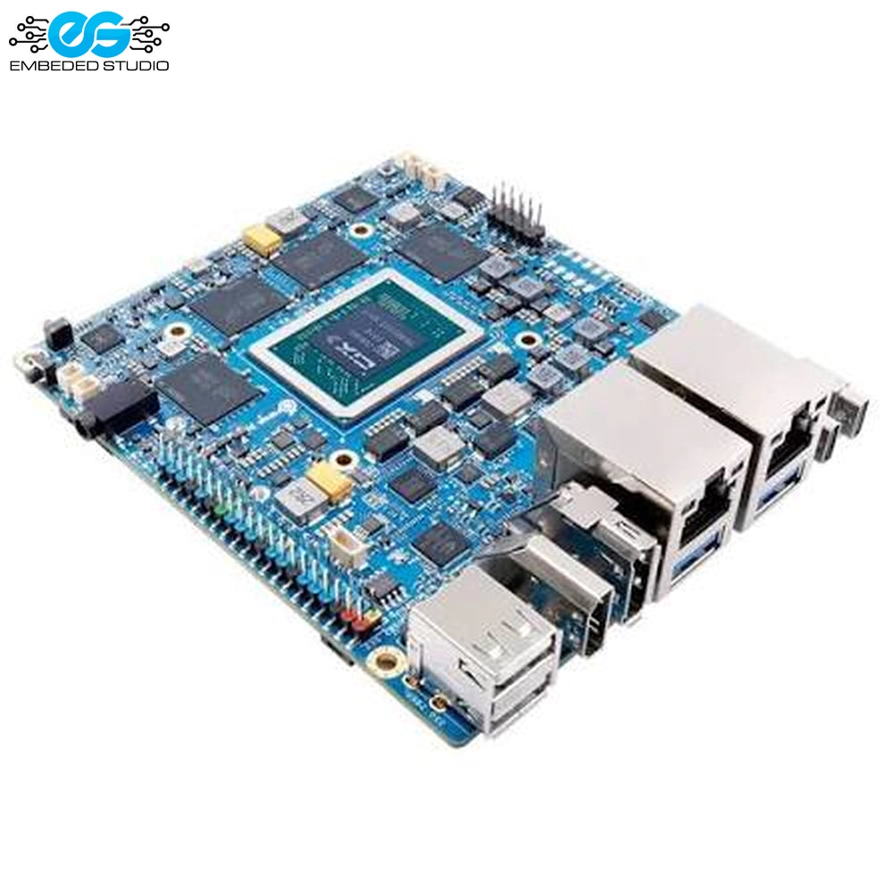Orange Pi 6 Plus 16GB single-board computer showing full circuit board layout, ports, and heat-spreader chip setup.