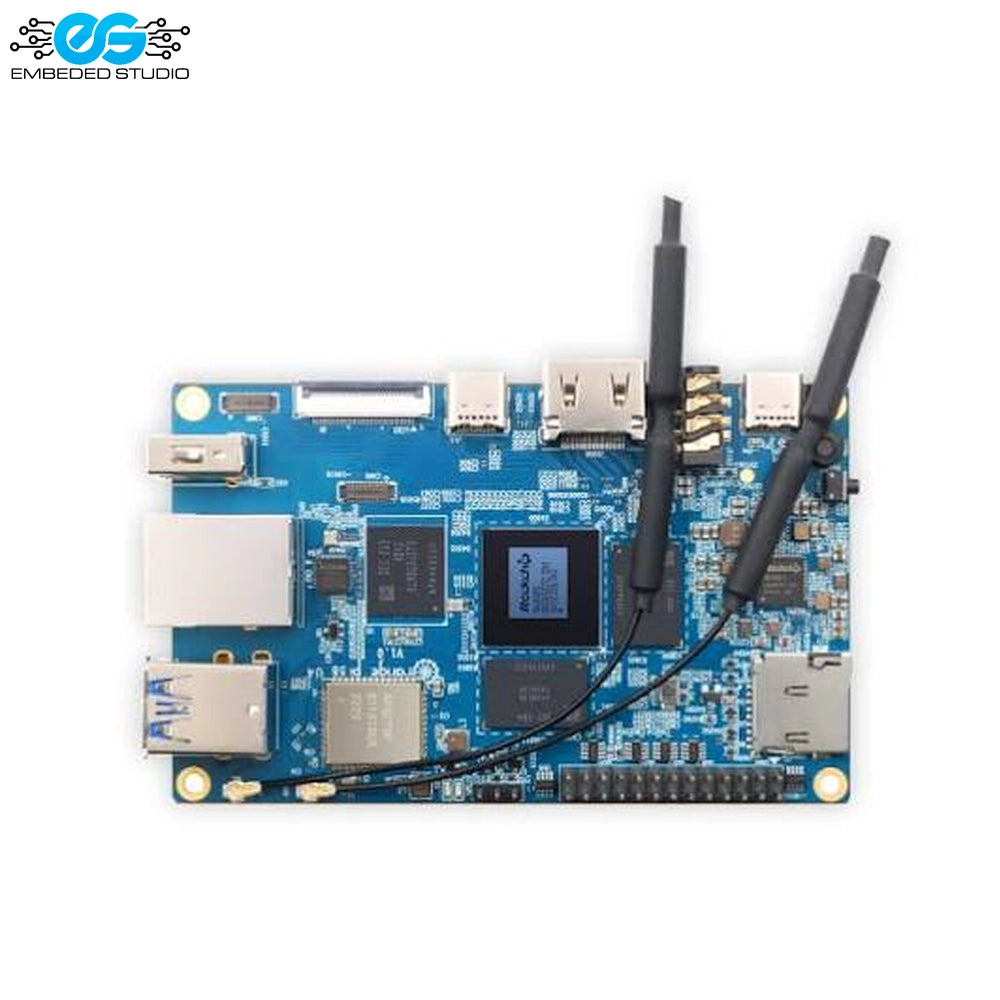 Orange Pi 5B single-board computer displaying onboard chips, external Wi-Fi antenna modules, and board connectivity layout.