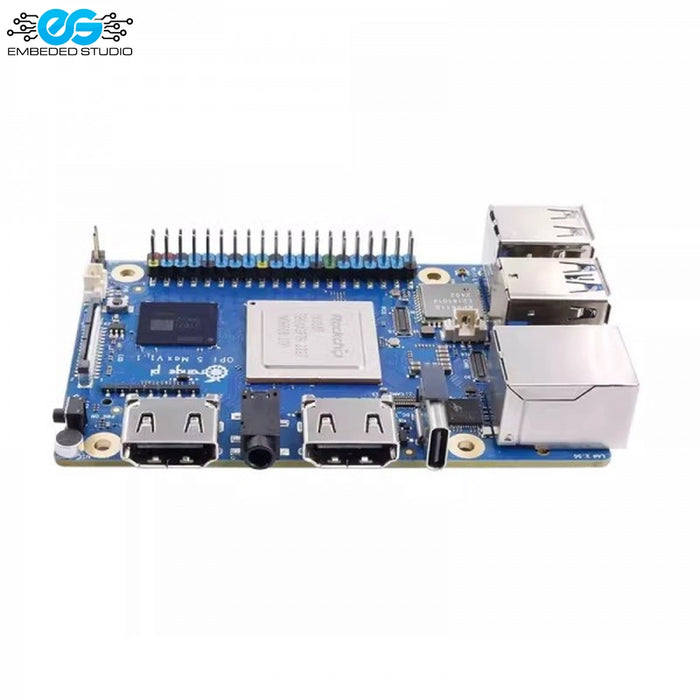 Orange Pi 5 Max single-board computer showcasing circuit board layout, Rockchip processor, and I/O connectivity ports.