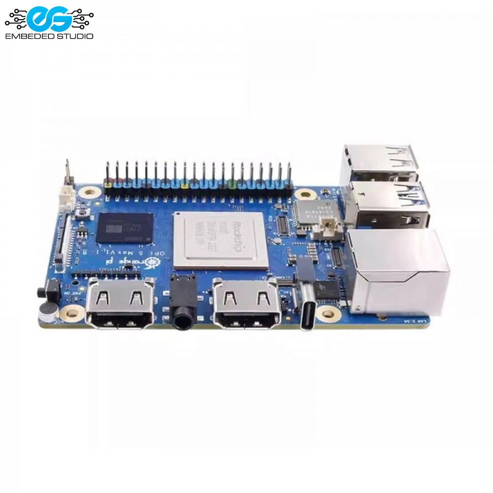 Orange Pi 5 Max single-board computer showcasing circuit board layout, Rockchip processor, and I/O connectivity ports.
