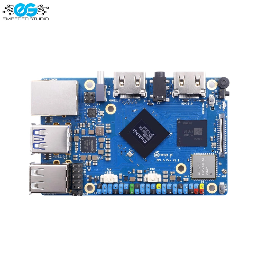Orange Pi 5 Pro single-board computer top circuit board layout showcasing the Rockchip RK3588S SoC chip and hardware ports.