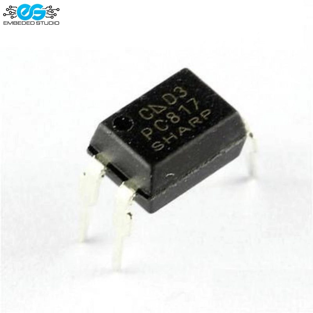 Sharp PC817 optocoupler DIP-4 IC chip with black plastic casing, silver metal leads, and Embedded Studio logo