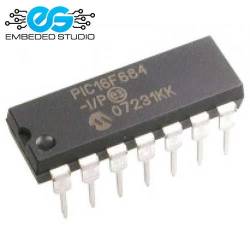 A PIC16F684 microcontroller in a black dual-in-line package (DIP) with silver metal pins, shown on a white background with an Embedded Studio logo in the top-left corner.