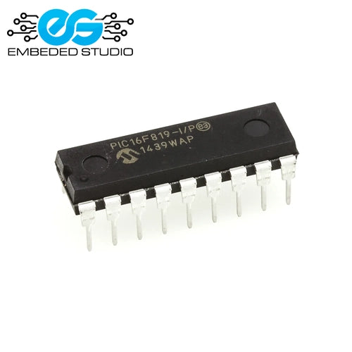 A black plastic dual in-line package (DIP) integrated circuit chip with silver pins, printed with the model number "PIC16F819-I/P" and batch code "1439WAP", shown against a plain white background with the Embeded Studio logo watermark in the top-left corner.