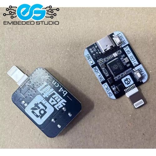 RP2350A B4 Pico DFU Tool engineering PCBs featuring Lightning connector, USB-C interface, and DFU, RESET, and STAR mode buttons.