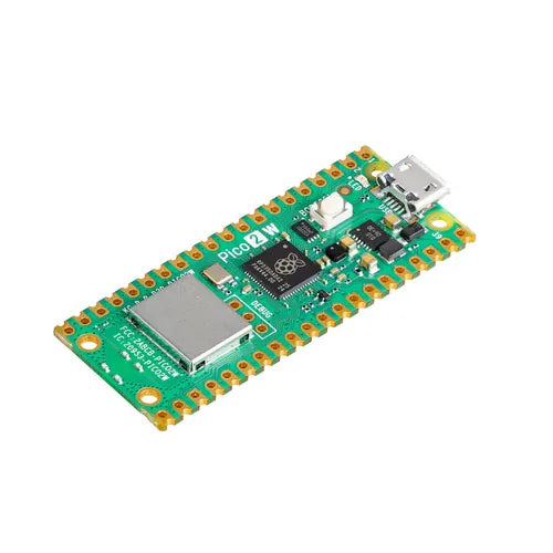 Raspberry Pi Pico 2 W wireless microcontroller board featuring the RP2350 chip, built-in Wi-Fi silver shielding, and a micro-USB port on a white background.