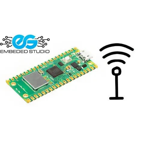 Raspberry Pi Pico W wireless microcontroller board featuring the RP2040 chip, built-in 2.4GHz Wi-Fi antenna, and a Wi-Fi symbol icon on a white background, with the Embedded Studio logo.