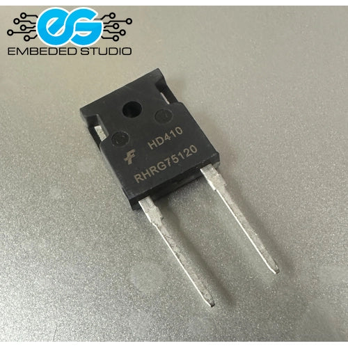 Fairchild RHRG75120 ultra-fast recovery diode in a 2-pin TO-247 package, showing the Fairchild logo, part number, and manufacturing text printed on the component body, with an Embeded Studio logo watermark in the top left corner.