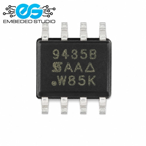 Top marking 9435B surface-mount P-channel power MOSFET IC in SO-8 package with Embeded Studio logo on a white background