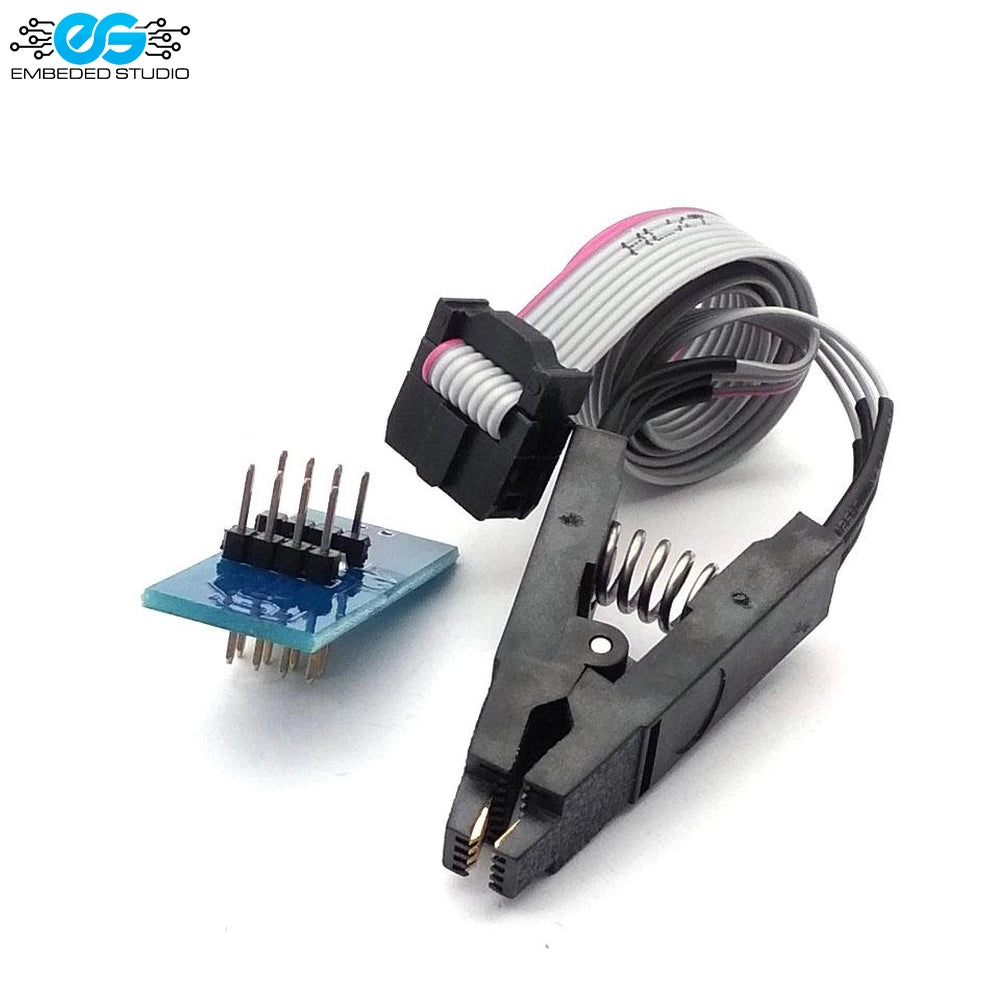 SOP8 SOIC8 IC test clip programmer adapter with ribbon cable and header pin breakout board alongside Embedded Studio logo on white background
