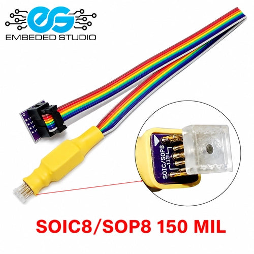 Embedded Studio SOIC8/SOP8 150 MIL wire connector module with a yellow plastic body, rainbow-colored wires, and a circular inset showing the internal pin layout, on a white background.