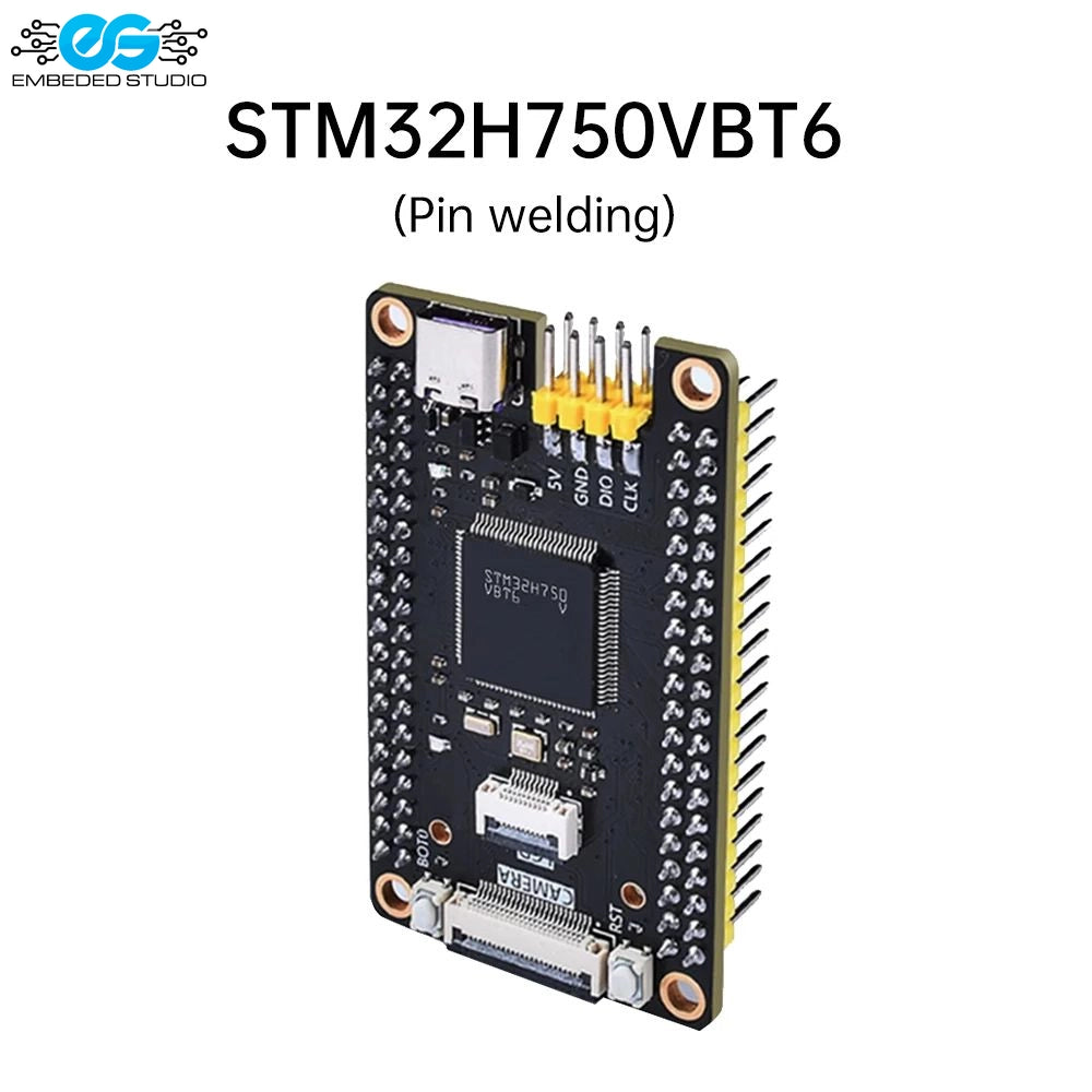 STM32H750VBT6 high-performance ARM Cortex-M7 microcontroller development board on a black PCB with dual pin headers, USB-C interface, reset button, and Embedded Studio branding.