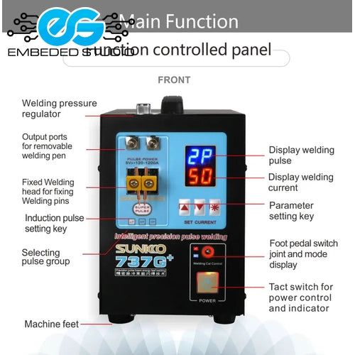 A Sunko 737G+ welding control panel shown on a white background with labeled callouts pointing to features such as the display, pressure regulator, output ports, foot pedal switch, and power indicator. The panel is black with a blue control face and red digital display.