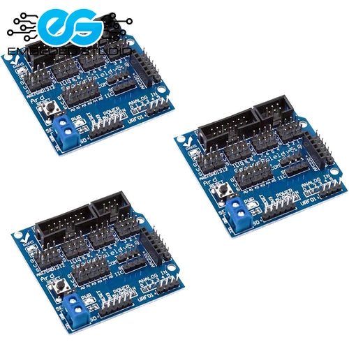 Three blue Sensor Shield V4.0 I/O expansion boards for Arduino displayed from different angles on a white background, featuring the Embeded Studio logo in the top-left corner
