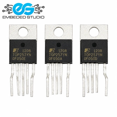 TOP257YN integrated circuit (IC) chip in a TO-220 package, showing its part number and pins clearly against a white background with the Embeded Studio logo.
