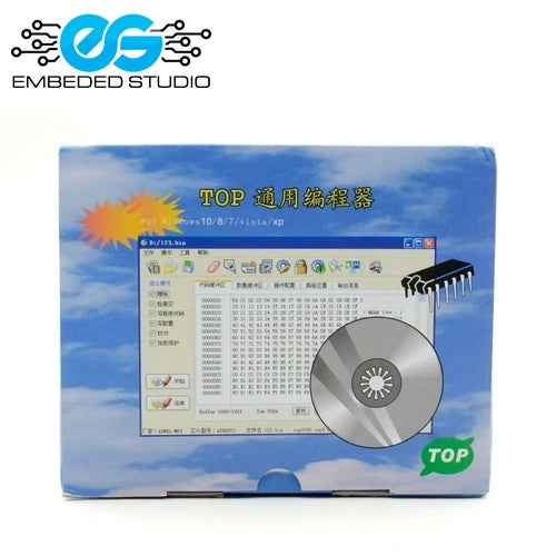 TOP3000 Universal Programmer product box showing the software interface graphics and a software CD, with the Embeded Studio logo on a white background.