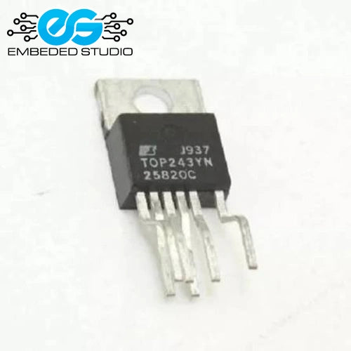 TOP243YN integrated circuit (IC) chip showing its part number and pins, with the Embeded Studio logo on a white background.