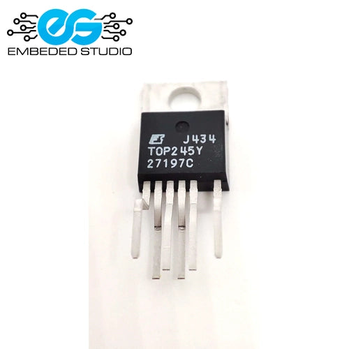 TOP245YN integrated circuit (IC) chip in a TO-220 package, showing its part number and pins clearly against a white background with the Embeded Studio logo.