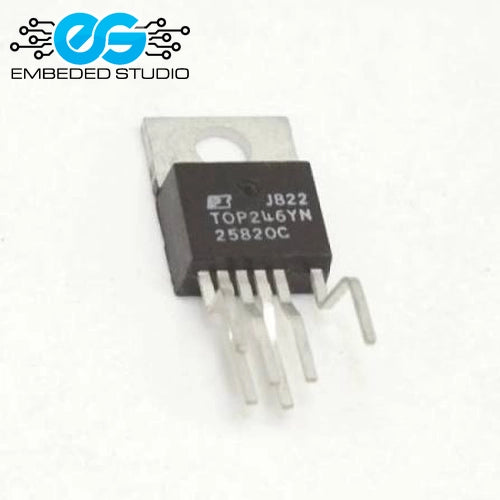 TOP246YN integrated circuit (IC) chip in a TO-220 package, showing its part number and pins clearly against a white background with the Embeded Studio logo.