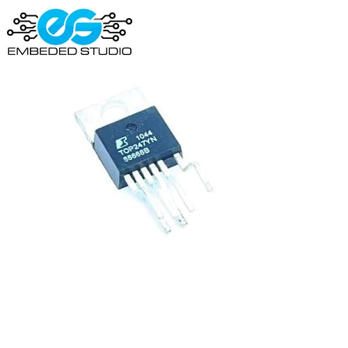 TOP247YN integrated circuit (IC) chip in a TO-220 package, showing its part number and pins clearly against a white background with the Embeded Studio logo.