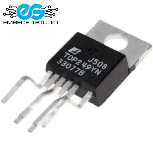 TOP249YN integrated circuit (IC) chip in a TO-220 package, showing its part number and pins clearly against a white background with the Embeded Studio logo.
