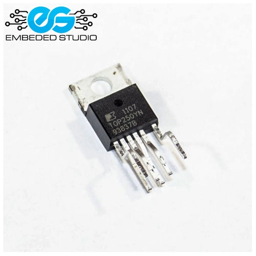 TOP250YN integrated circuit (IC) chip in a TO-220 package, showing its part number and pins clearly against a white background with the Embeded Studio logo.
