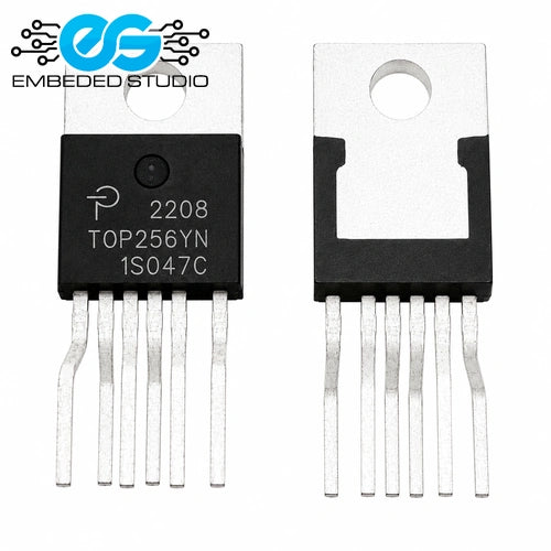 TOP256YN integrated circuit (IC) chip in a TO-220 package, showing its part number and pins clearly against a white background with the Embeded Studio logo.