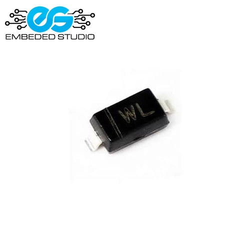 A small black surface-mount electronic component (WL 18V BZT52C18 SOD-123 zener diode) displaying the printed letters "WL" on its top surface, featuring two silver metal leads on either side, set against a plain white background with the Embeded Studio logo watermark in the top-left corner.