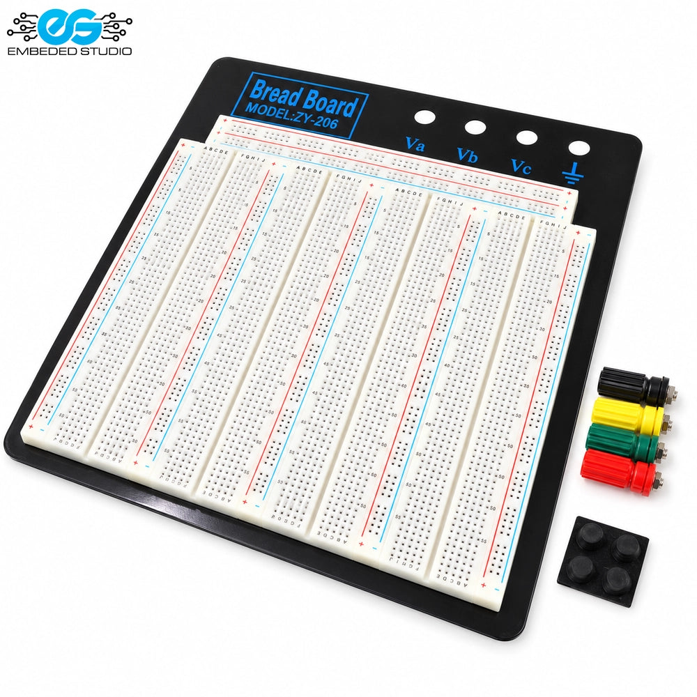 ZY-206 2390 points breadboard with color-coded binding posts, DC power terminals, and Embeded Studio logo branding