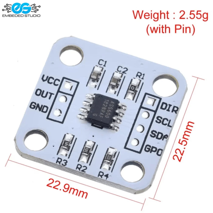 AS5600 12-Bit Magnetic Position Encoder breakout board with white PCB, pin headers, and dimension annotations