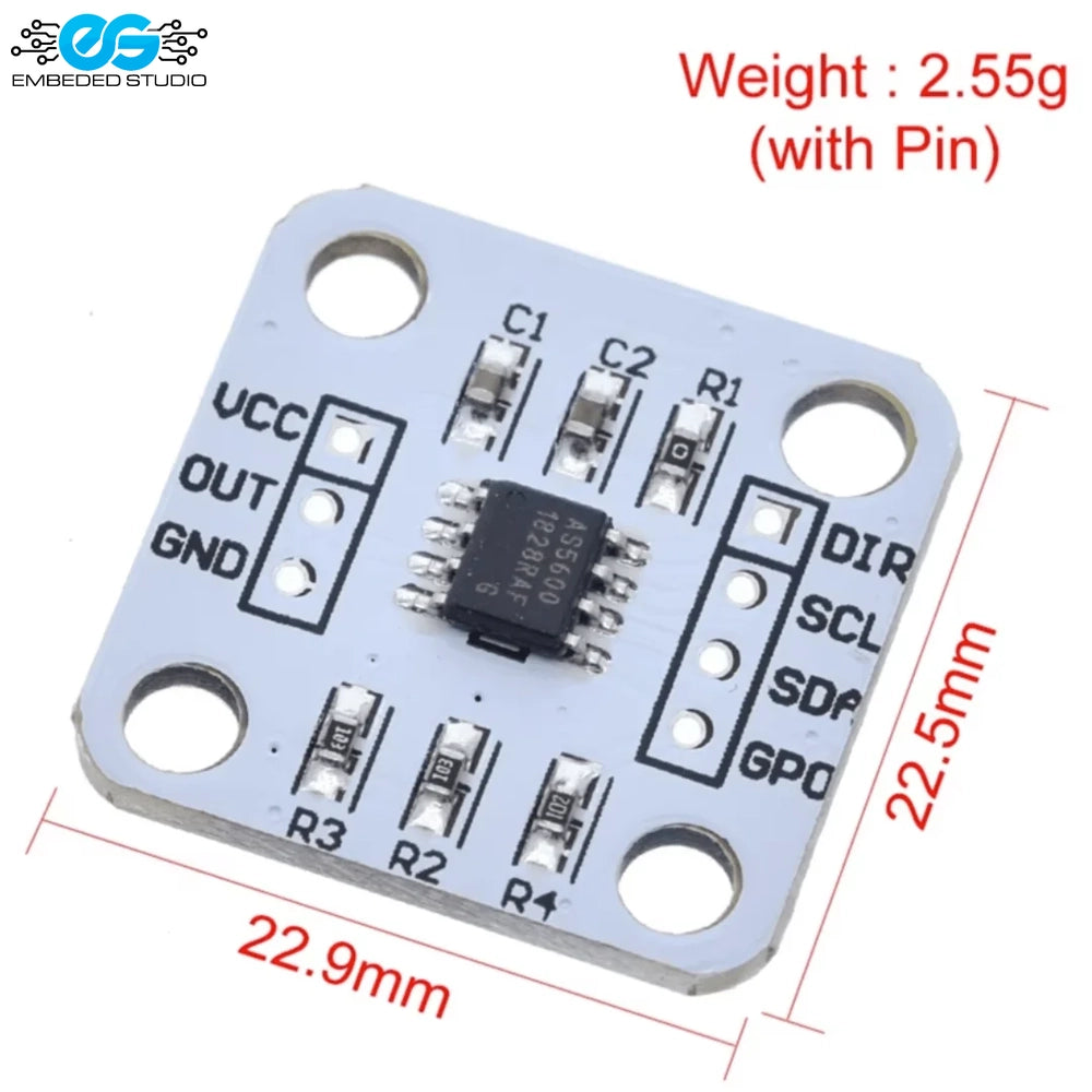 AS5600 12-Bit Magnetic Position Encoder breakout board with white PCB, pin headers, and dimension annotations