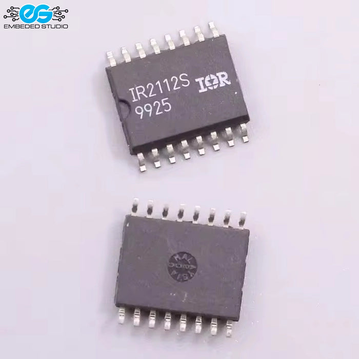 IR2112S high and low side driver IC chip in SOIC-16 package with Embedded Studio logo in the top left corner.
