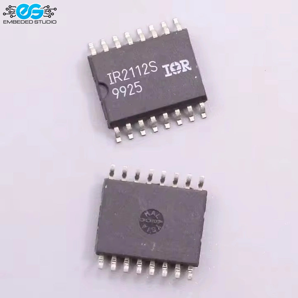 IR2112S high and low side driver IC chip in SOIC-16 package with Embedded Studio logo in the top left corner.

