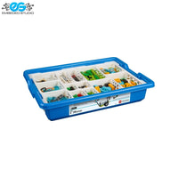 LEGO WeDo 2.0 Core Set blue sorting tray containing organized LEGO elements, featuring the LEGO Education logo on the side and the Embeded Studio logo