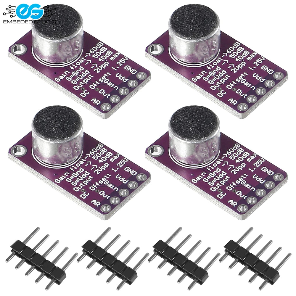 MAX9814 microphone amplifier module four-piece set with electret microphones, pin headers, and Embedded Studio logo on white background
