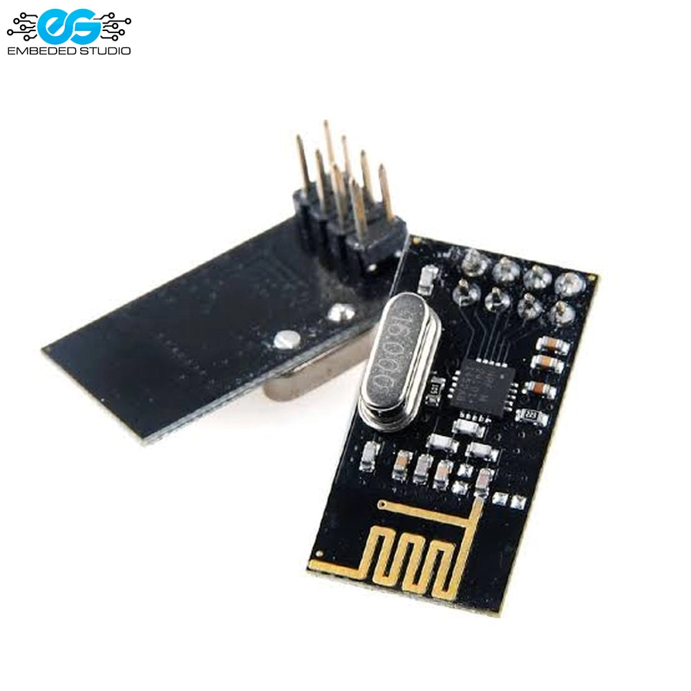 NRF24L01 2.4GHz wireless transceiver module with PCB antenna, pin header, and Embedded Studio logo.