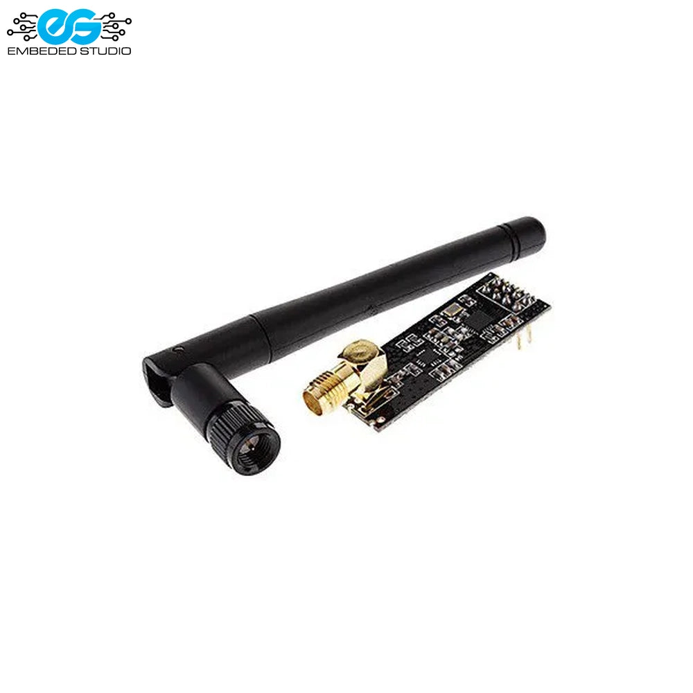 NRF24L01+ PA/LNA 2.4GHz wireless transceiver module with SMA antenna interface and Embedded Studio logo.