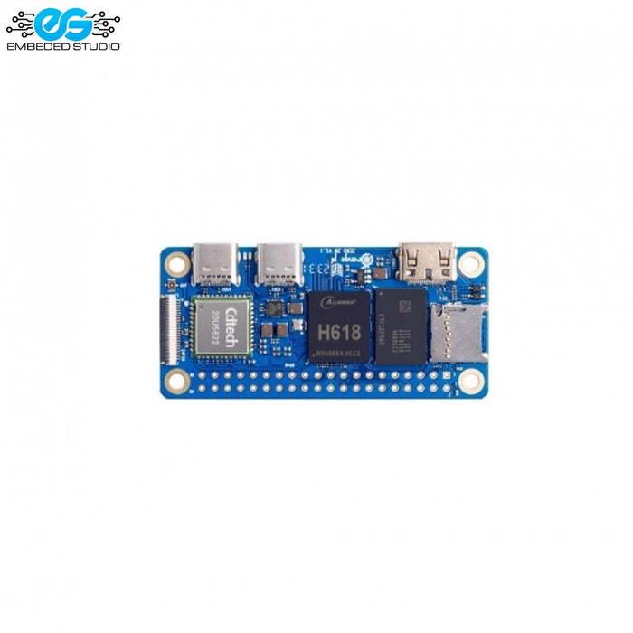 Orange Pi Zero 2W single-board computer showing the top circuit board layout and chips against a white background with the Embeded Studio logo in the top-left corner.
