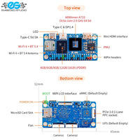 Orange Pi Zero 3W component diagram showing top and bottom board views with labelled interfaces including AllWinner A733 CPU, LPDDR5 RAM, Wi-Fi 6 + BT 5.4, Type-C ports, Mini HDMI, 40-pin header, MIPI LCD, camera connectors, and dimensions.