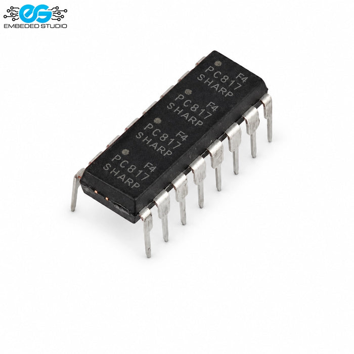 Sharp PC817-4 quad-channel optocoupler IC chip in DIP-16 package with Embedded Studio logo in the top left corner.