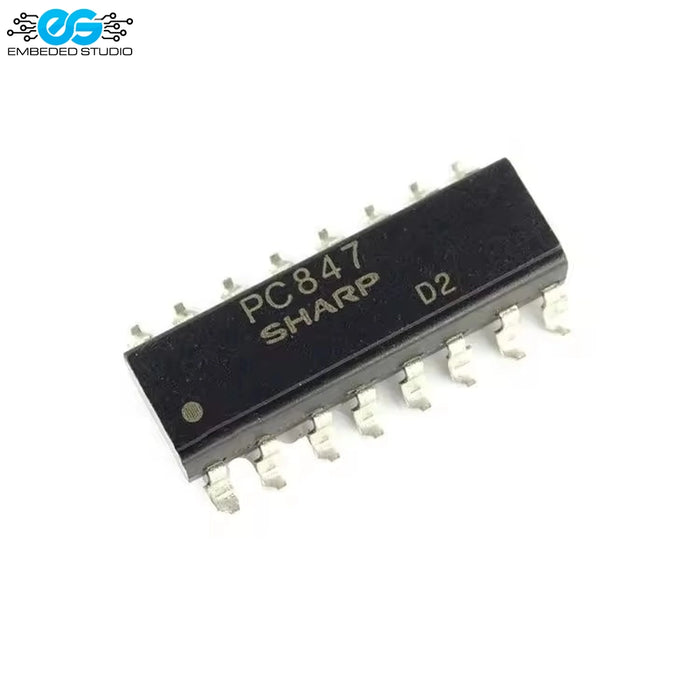 Sharp PC847 16-pin surface-mount SOP package integrated circuit containing four independent optocoupler channels on a white background.
