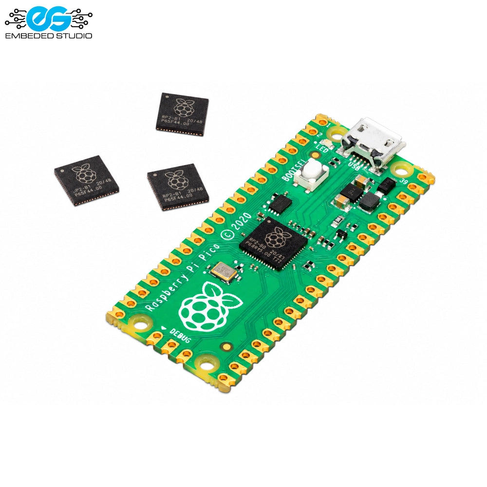Raspberry Pi Pico microcontroller board featuring RP2040 dual-core chip with soldered header pins, micro-USB port, and loose RP2040 ICs alongside Embedded Studio logo on white background