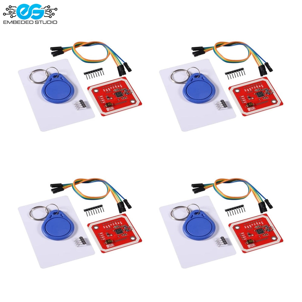 PN532 NFC RFID reader module kit with RFID card, blue key fob tag, and jumper wires, featuring Embedded Studio logo.