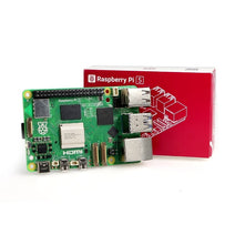 Raspberry Pi 5 board with its packaging on a white background