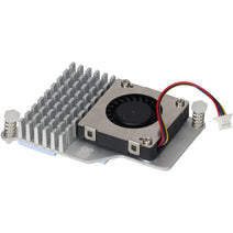 Electronic component with cooling fan and heat sink on a white background