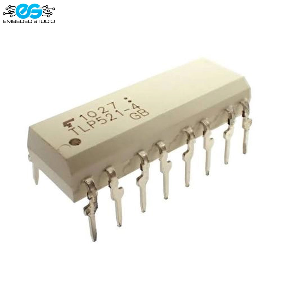 Toshiba TLP521-4 quad-channel photocoupler integrated circuit in a 16-pin dual in-line DIP package on a white background.